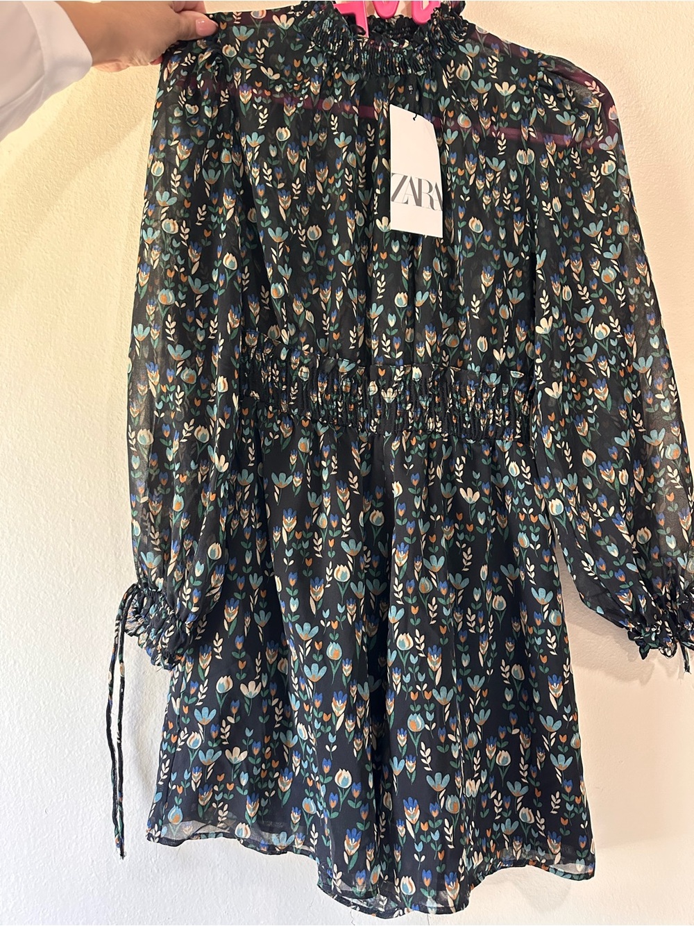 Zara Black Sheer dress with Blue, Green & Tan Floral Print
